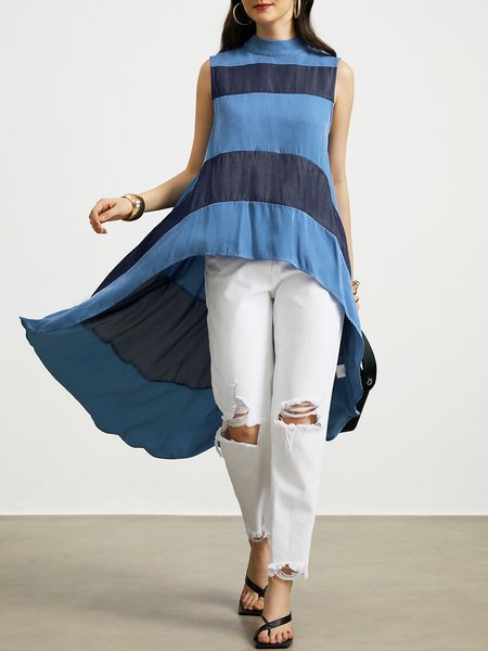

Loose Stand Collar Sleeveless Urban Striped Faux denim Mid-long Top, Blue, Blouses and Shirts