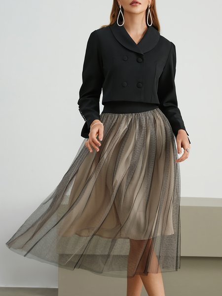 

Elegant Lapel Collar Mesh Color Block Dress Set, Black, Midi Dresses