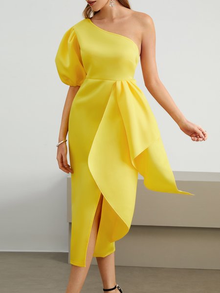 

Party Tight One Shoulder Party Dress, Yellow, Midi Dresses