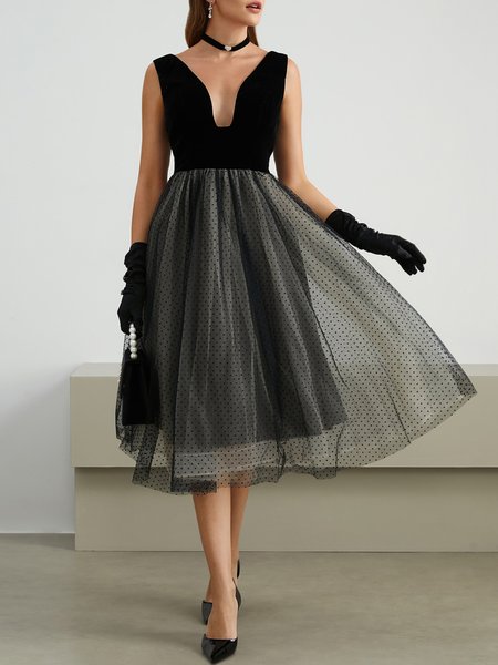 

Polka Dots Mesh Party Regular Fit Party Dress, Black, Midi Dresses