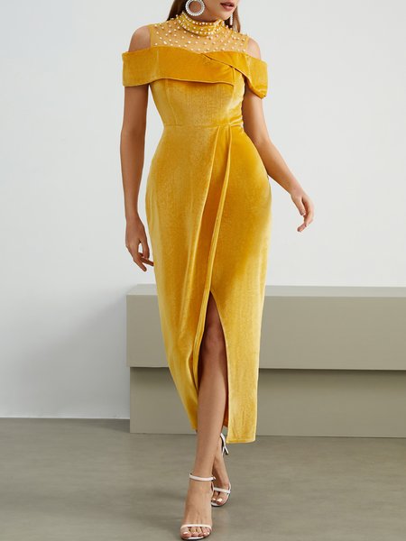 

Tight Elegant Beaded Party Dress, Yellow, Maxi Dresses