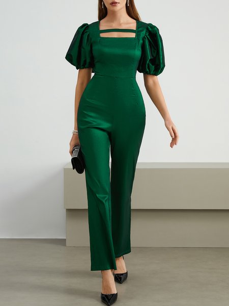 

Regular Fit Elegant Plain Square Neck Jumpsuit, Green, Jumpsuits