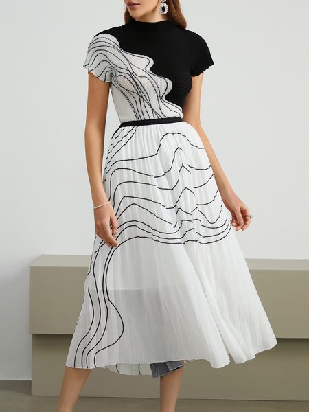 

Elegant Regular Fit Color Block Stand Collar Party Dress, As picture, Midi Dresses