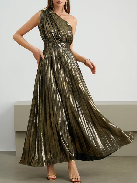 

Party Plain Regular Fit One Shoulder Wedding Guest Dress, Golden, Maxi Dresses