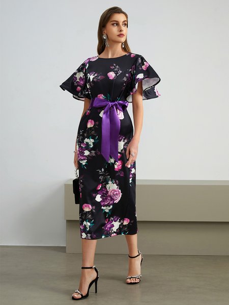 

Crew Neck Elegant Floral Wedding Guest Dress, Black, Midi Dresses