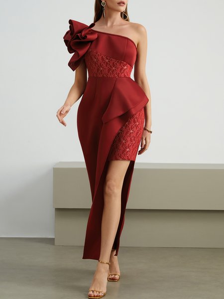 

One Shoulder Elegant Party Dress, Wine red, Maxi Dresses