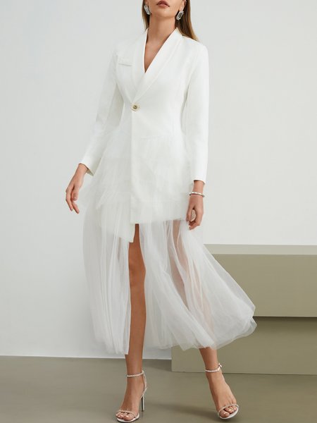 

Elegant Lapel Collar Plain Mesh Wedding Dress, White, Maxi Dresses