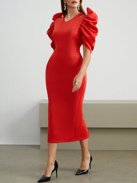 

V Neck Plain Elegant Tight Party Dress, Red, Maxi Dresses
