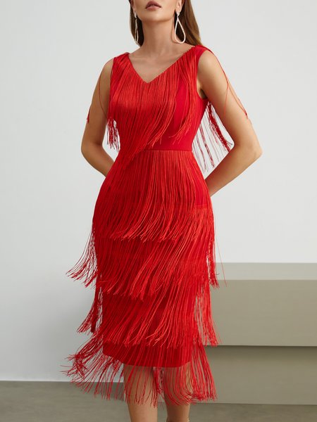 

Tassel V Neck Regular Fit Party Party Dress, Red, Midi Dresses