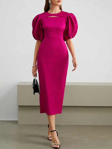 

Plain Party Crew Neck Tight Party Dress, Deep pink, Midi Dresses