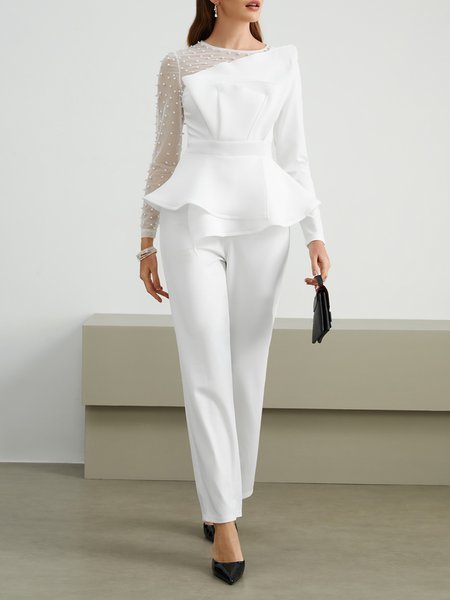 

Elegant Regular Fit Plain Beaded Jumpsuit, White, Jumpsuits