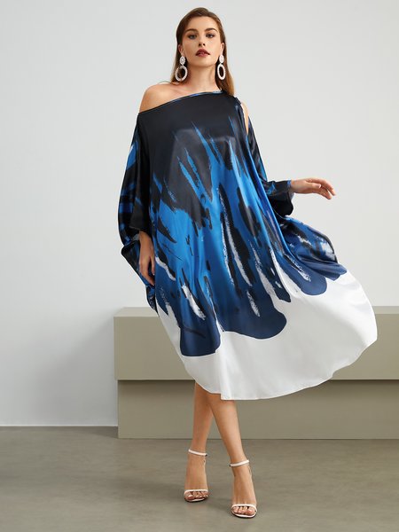 

One Shoulder Color Block Elegant Party Dress, Blue, Midi Dresses