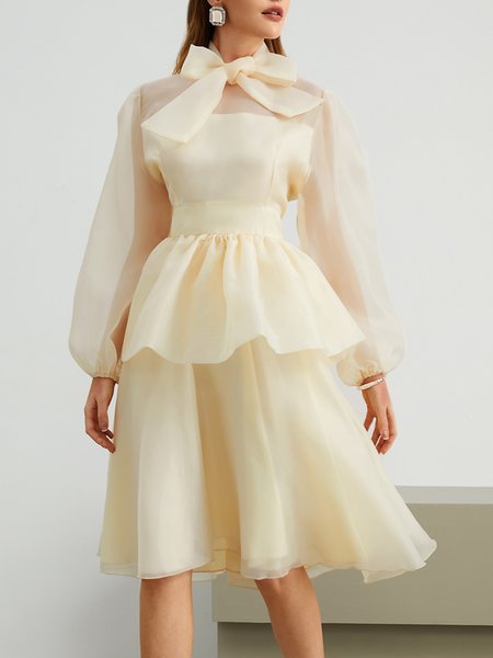 

Bow Regular Fit Elegant Party Dress, Apricot, Midi Dresses