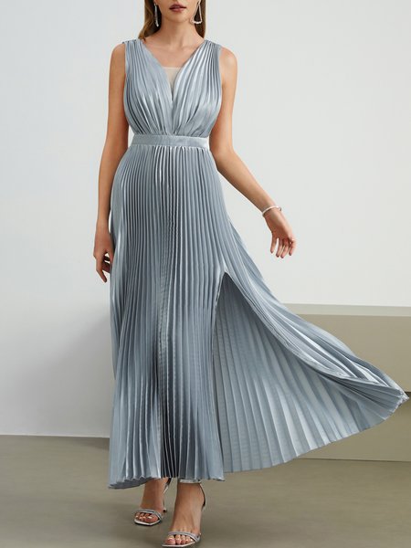 

V Neck Plain Regular Fit Party Wedding Guest Dress, Silver, Maxi Dresses