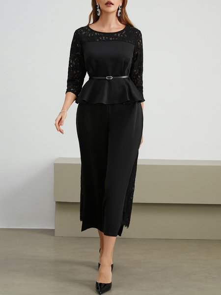 

Elegant Floral Regular Fit Dress Set Without Belt, Black, Two-piece Set
