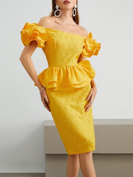 

Elegant Lace Plain Regular Fit Party Dress, Yellow, Midi Dresses