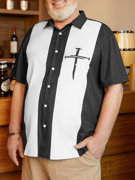 

Big Size Crucifix Chest Pocket Short Sleeve Bowling Shirt, Black, Men Shirts