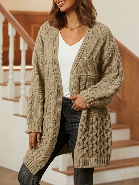 

Casual Plain V Neck Loose Cardigan, Khaki, Sweaters