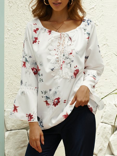 

Casual V Neck Lace Regular Fit Blouse, White, Shirts & Blouses