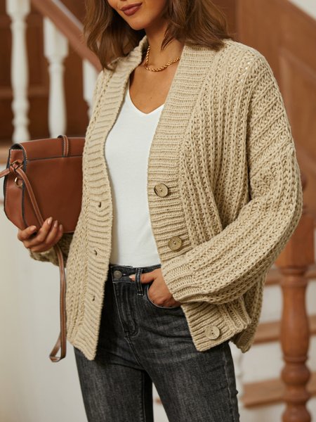

Casual Plain V neck Cardigan, Khaki, Sweaters
