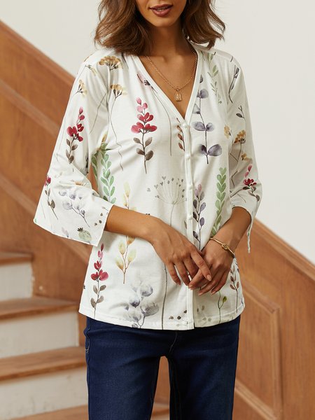 

Wrap Casual Loose Floral Shirt, White, Shirts & Blouses