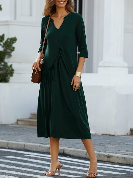 

V Neck Plain Casual Ruched Dress, Green, Dresses