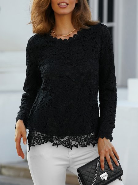 

Lace Regular Fit Casual Lace Top, Black, Shirts & Blouses