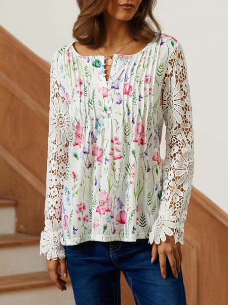 

Regular Fit V Neck Floral Casual Top, White, Shirts & Blouses