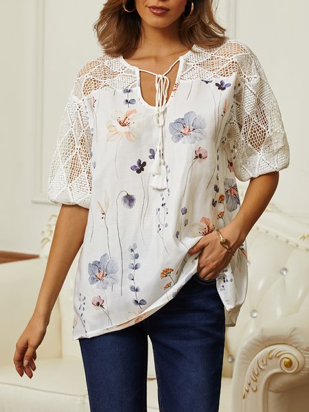 Floral Linen Linen Loose Shirt