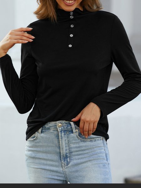 

Casual Plain Half Turtleneck Buttoned T-Shirt, Black, T-Shirts