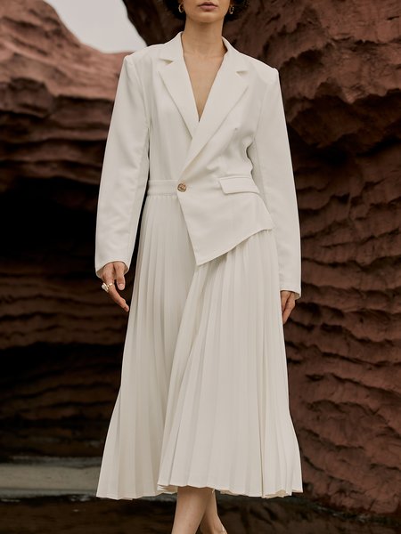 

Plain Regular Fit Elegant Shawl Collar Pleated Dress, White, Midi Dresses