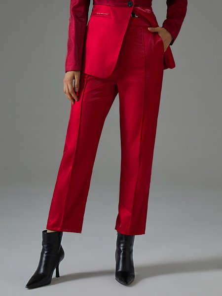 

Satin Regular Fit Elegant Plain Fashion Pants, Red, Pants