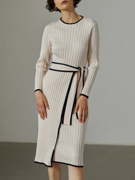 

Elegant Color Block Wool/Knitting Crew Neck Sweater Dress, Off white, Midi Dresses