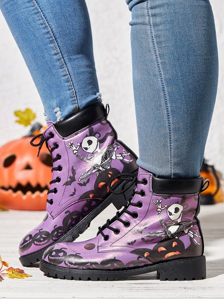 

Halloween Skull Pumpkin Bat Purple Upper Booties, Boots