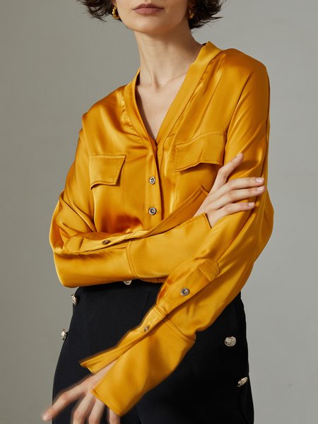 

Casual Shawl Collar Blouse, Yellow, Blouses and Shirts