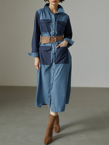 

Color Block Casual Denim Shirt Dress, Blue, Midi Dresses