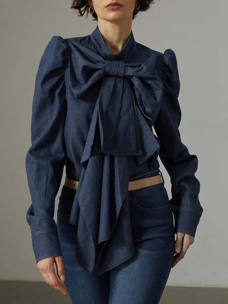 

Bow Denim Casual Stand Collar Shirt, Blue, Blouses and Shirts