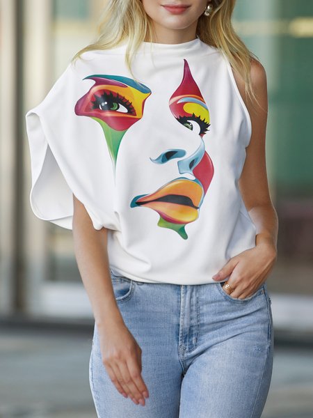 

Loose High Elasticity Urban Stand Collar Sleeveless Face Shirt, White, Blouses and Shirts