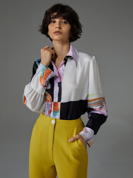 

Elegant Loose Abstract Shirt Collar Blouse, Multicolor, Blouses and Shirts