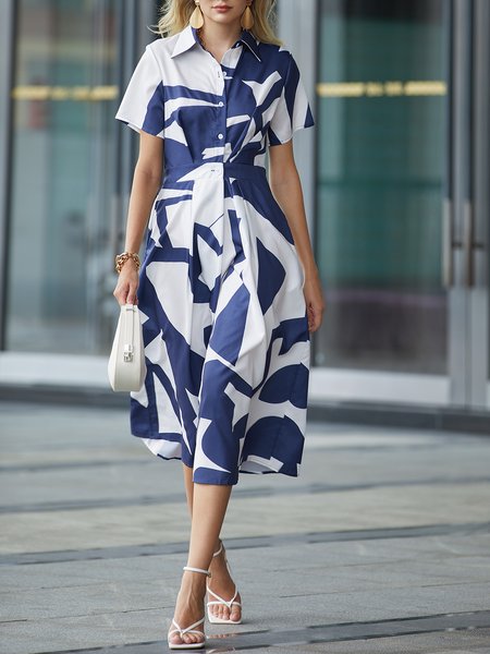 

Casual Shirt Collar Abstract Printing Dress With No, White-blue, Maxi Dresses