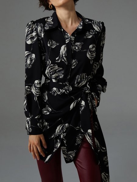 

Elegant Floral Knot Front Shirt Collar Loose Shirt, Black, Blouses and Shirts