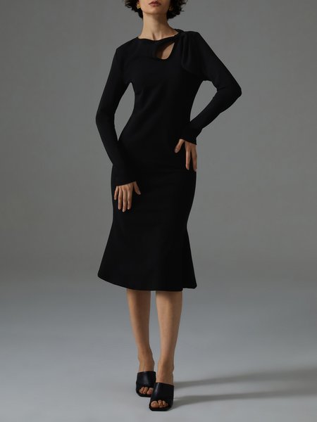 

Regular Fit Urban Plain Cut-Outs Dress, Black, Midi Dresses