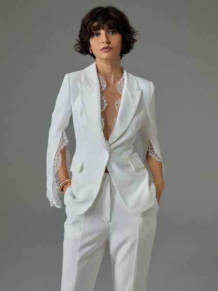 

Plain Elegant Regular Fit Lace Edge Blazer, White, Blazers
