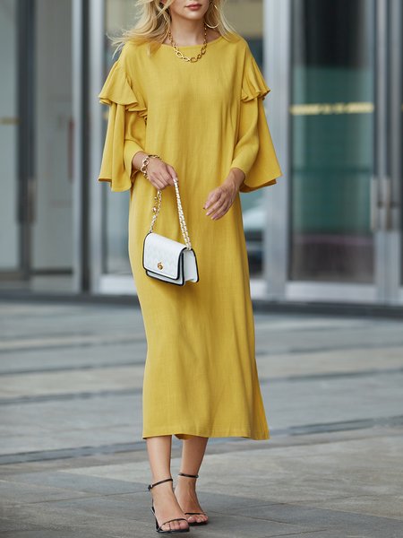 

Loose Crew Neck Plain Urban Dress With No, Yellow, Maxi Dresses
