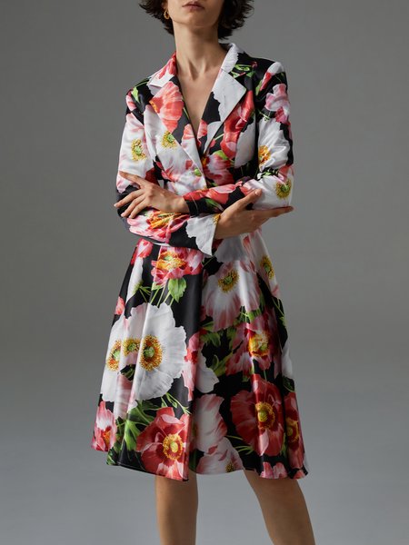 

Elegant Shawl Collar Floral Regular Fit Dress, Multicolor, Midi Dresses