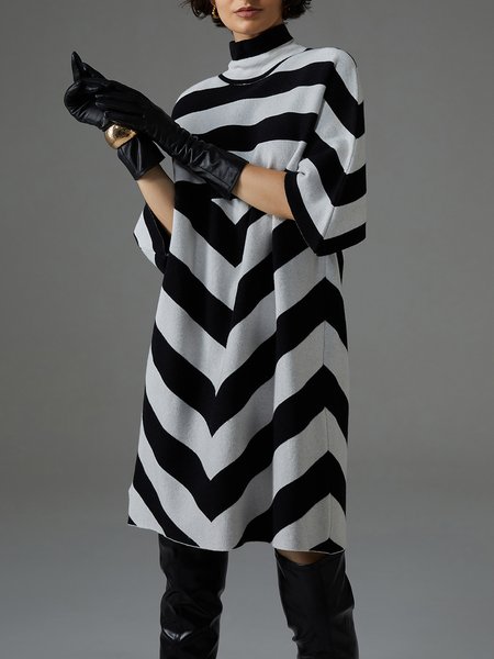 

Wool/Knitting Casual Turtleneck Sweater Dress, Black-white, Midi Dresses