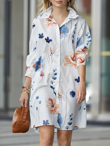 

Floral Shirt Collar Urban Dress, White-blue, Midi Dresses