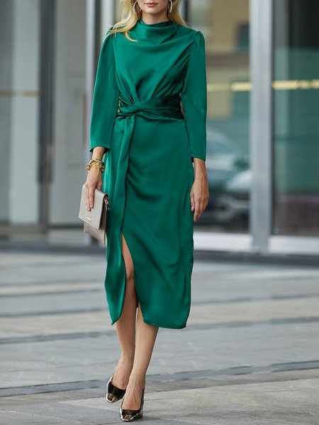 

Elegant Plain Knot Front Party Dress, Green, Midi Dresses