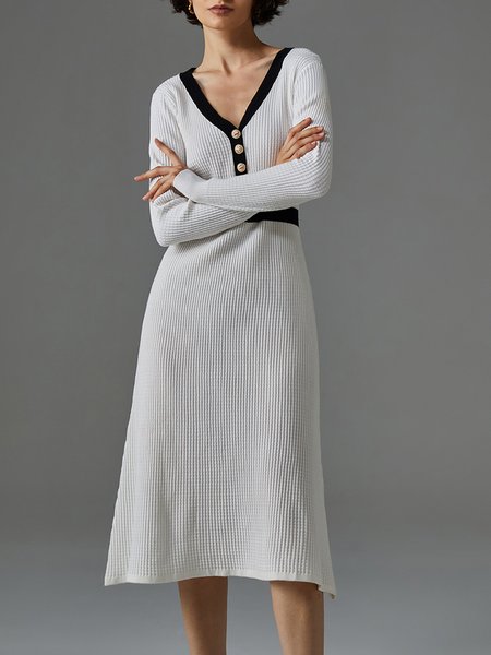 

Elegant Wool/Knitting Color Block Sweater Dress, Beige, Midi Dresses
