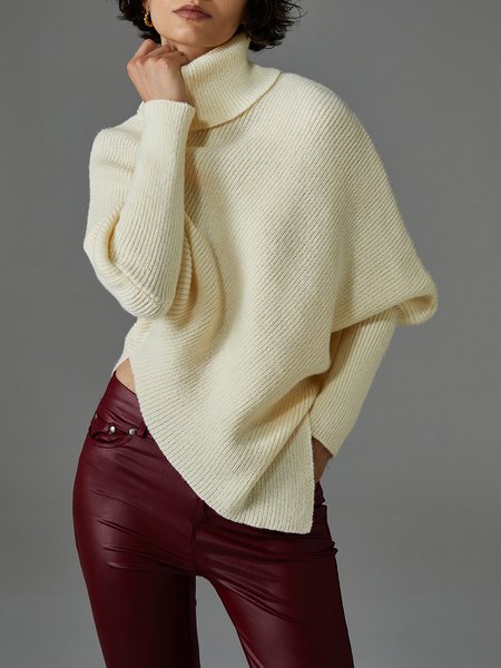 

Batwing Sleeve Plain Elegant Turtleneck Asymmetric Sweater, Off white, Pullovers